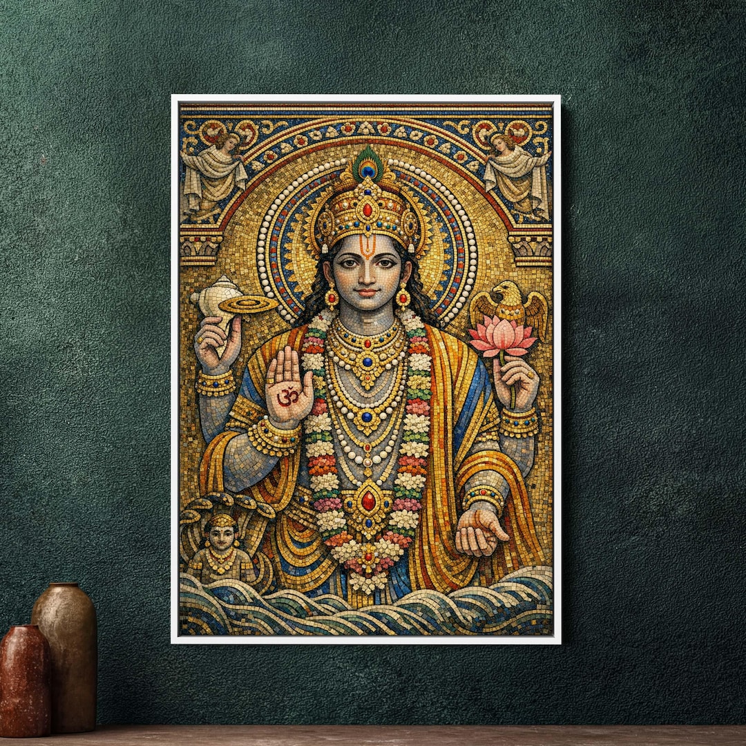 Vishnu Hindu God Byzantine Icon Mosaic Style Large Framed Canvas Print ...