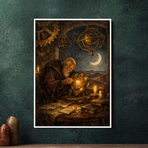 May include: A framed print of an old man working on a heart-shaped object with gears and a glowing center. The scene is set in a dimly lit room with candles, books, and a celestial globe. A crescent moon is visible in the night sky.