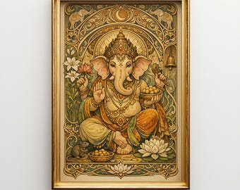 Art Nouveau Ganesha Canvas Wall Art - Large Hindu God Print - Spiritual Art Nouveau Yoga Room Decor Y14MC