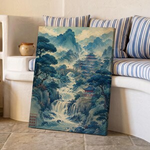 East Asian Mountain River Temple Landscape, Teal Gouache Poster & Canvas 49QPM
