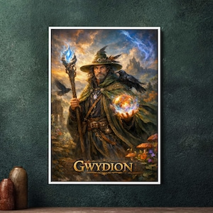 May include: A fantasy art print featuring a wizard named Gwydion. The wizard wears a green cloak and hat, holding a glowing staff and a magical orb. A raven sits on his shoulder. The print has a detailed, colorful, and mystical design.