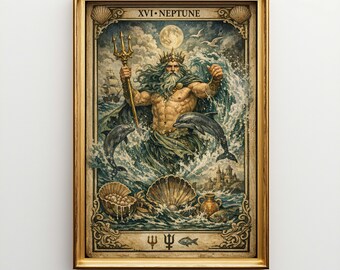 Neptune God Tarot Wall Art, Large Canvas Print, Mythology Home Decor, Roman Sea God Occult Poster, Big Wall Decor Y14MC