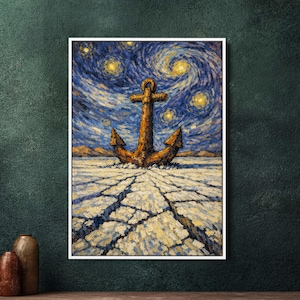 Van Gogh Style Anchor Wall Art, Large Framed Canvas Print, Impasto Cosmic Sky Landscape, Nautical Industrial Decor, Desert Lakebed Painting