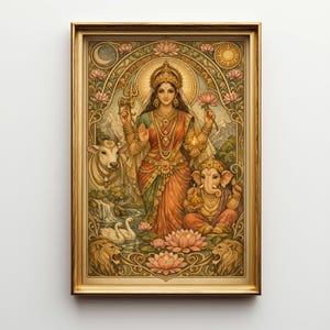 May include: A framed artwork depicting a Hindu goddess with multiple arms, adorned in gold jewelry and a red and green sari. The artwork features a cow, a seated elephant-headed deity, and lotus flowers, all within an ornate gold frame.