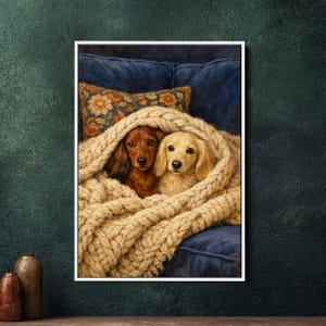 Könnte beinhalten: Gerahmter Kunstdruck mit zwei Dackeln unter einer grob gestrickten, cremefarbenen Decke auf einem blauen Sofa. Einer der Hunde ist braun, der andere blond. Ein Blumenkissen sorgt für Farbtupfer.