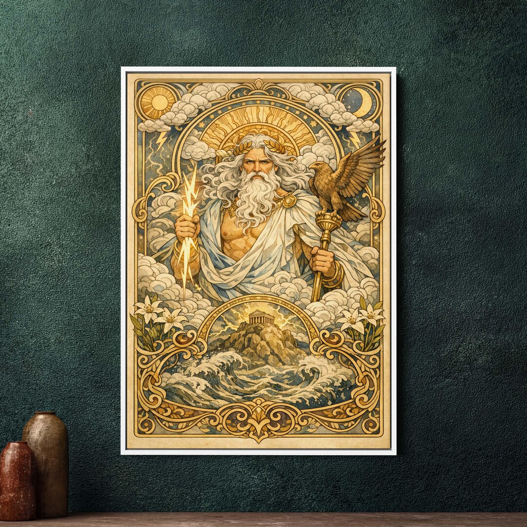 Art Nouveau Zeus Framed Canvas Wall Art, Large Greek God Mythology ...