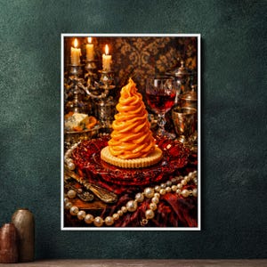 Maximalistisk stilleben stor inramad canvastavla - Sprayost på rubinfärgad tallrik, Dark Academia stor väggdekor, eklektisk utsmyckad matsalstavla