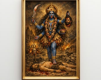 May include: A framed print depicting the Hindu goddess Kali. She is blue-skinned, adorned with skulls, and holds a severed head and a curved blade. She stands on a figure, with a fiery background and skulls scattered around.