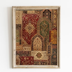 May include: A rectangular wall art print in a light wood frame featuring a collage of intricate patterns in deep red, forest green, mustard yellow, and cream. The design incorporates arched motifs and detailed floral elements in a layered composition.