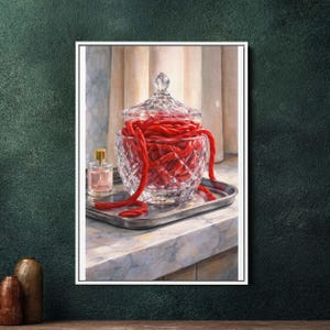 Könnte beinhalten: Ein Stillleben mit einem klaren, geschliffenen Glasgefäß, das mit roter Lakritze gefüllt ist. Das Glas steht auf einem silbernen Tablett, wobei Lakritzestrangen herausquellen. Neben dem Glas steht eine kleine Parfümflasche. Der Hintergrund ist neutral.