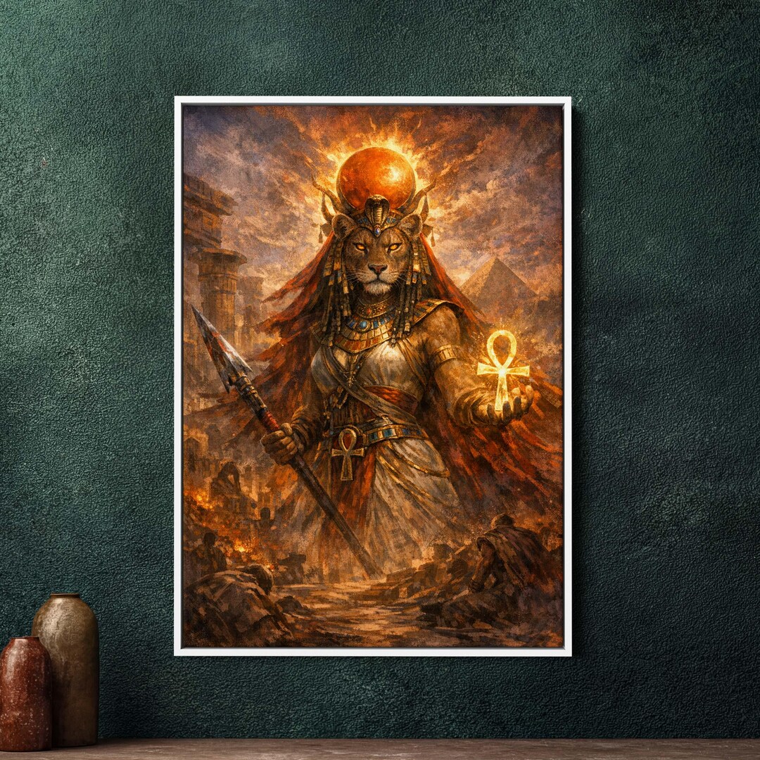Sekhmet Egyptian Goddess Framed Canvas Wall Art - Large Colorful ...