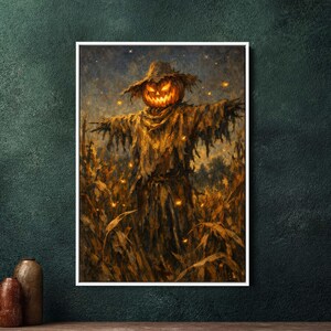 Könnte beinhalten: Ein gerahmtes Halloween-Kunstwerk zeigt eine Vogelscheuche mit einem geschnitzten Kürbiskopf, die einen Strohhut und zerlumpte Kleidung trägt. Das Kunstwerk ist in einem Maisfeld unter einem sternenklaren Nachthimmel mit leuchtenden Lichtern angesiedelt.