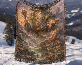 Oyamatsumi Mountain God Woven Blanket | Shinto Mythology Throw Blanket | Colorful Fantasy Couch Decor | Cozy Nature Decor Gift