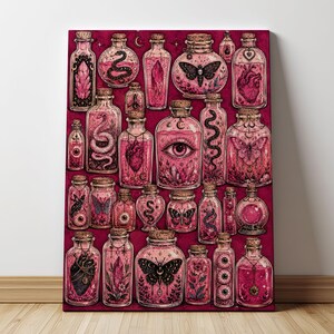 Könnte beinhalten: Ein rechteckiger Leinwanddruck mit einer Sammlung von Glasflaschen in verschiedenen Formen und Größen, gefüllt mit rosa Flüssigkeit und Illustrationen von anatomischen Herzen, Augen, Schlangen, Schmetterlingen, Motten und Kristallen auf rosa Grund.