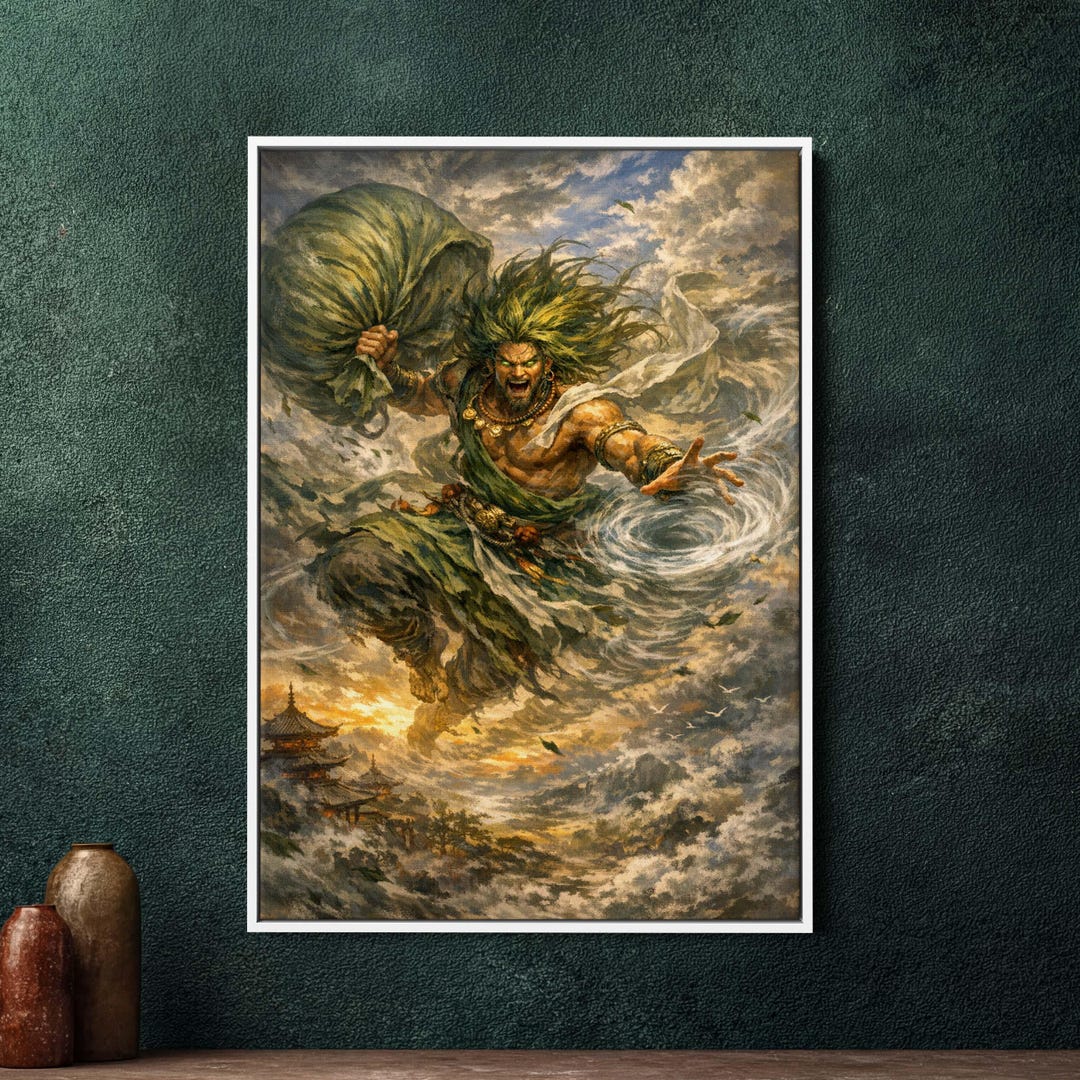 Fujin Japanese Wind God Large Framed Canvas Wall Art, Colorful ...