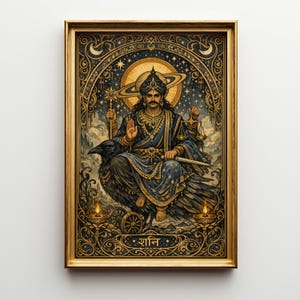 Könnte beinhalten: Ein gerahmtes Kunstwerk mit einer königlichen Figur mit Heiligenschein und Planetenring, die auf einem großen schwarzen Vogel sitzt. Die Figur trägt blaue und goldene Gewänder und hält einen Stab und eine Waage. Das Kunstwerk hat einen goldenen Rahmen und das Wort "शनि" unten.