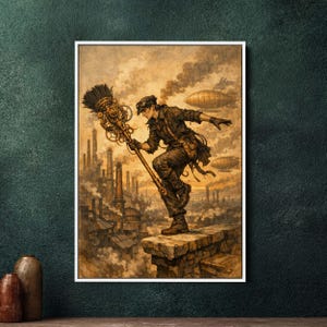 Könnte beinhalten: Steampunk-Kunstwerk, das eine Person in dunkler Kleidung zeigt, die auf einer Steinmauer balanciert und einen mechanischen Besen hält. Der Hintergrund zeigt eine Stadt mit Schornsteinen, Luftschiffen und einem sepiafarbenen Himmel. Das Kunstwerk ist gerahmt.