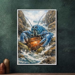 Peut inclure: Peinture à l'aquarelle d'un homard bleu vif tenant un pot en cuivre au milieu de falaises rocheuses et de vagues déferlantes. L'œuvre est encadrée en blanc, capturant une scène côtière fantaisiste.