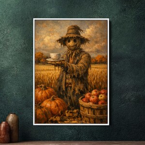 Könnte beinhalten: Gerahmtes Gemälde, das eine Vogelscheuche mit einer Tasse und Untertasse in einem Weizenfeld zeigt. Kürbisse und ein Korb mit Äpfeln befinden sich im Vordergrund. Die Vogelscheuche trägt einen Strohhut und einen Mantel. Warme Herbstfarben.