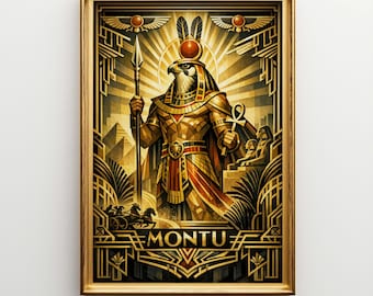 Art Deco Montu Egyptian God Canvas Wall Art - Large Ancient Egypt Mythology Decor - Warrior Deity Print Y14MC