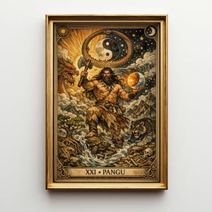 Könnte beinhalten: Gerahmter Tarotkarten-Druck mit einer muskulösen Figur, die einen Hammer und eine leuchtende Kugel hält. Das Kunstwerk zeigt einen Drachen, einen Tiger und ein Yin-Yang-Symbol. Der Text "XXI • PANGU" steht unten.