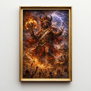 May include: A framed digital art print depicts a powerful figure with a flaming axe, adorned in red and gold ceremonial attire. The artwork features a dramatic scene with lightning, fire, and a crowd of people, creating a dynamic and intense composition.