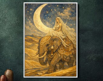 Large Framed Canvas Wall Art - Alphonse Mucha Style Desert Bride on Elephant Print - Art Nouveau Celestial Moon & Stars Desert Home Decor