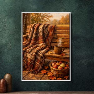 May include: A cozy autumn scene featuring a wooden swing with a patterned blanket and a steaming mug. A basket of apples and fallen leaves complete the warm, inviting setting. The image is framed in a white border.