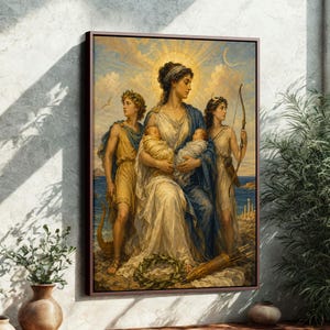 Könnte beinhalten: Ein gerahmter Kunstdruck, der eine zentrale Figur in einem weiß-blauen Gewand zeigt, die zwei Säuglinge hält, flankiert von einem Jugendlichen mit einer Leier und einem Jugendlichen mit Pfeil und Bogen. Die Szene zeigt eine goldene Sonne, eine Mondsichel und eine Küstenlandschaft.