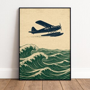 Seaplane Ocean Waves Vintage Relief Print Poster & Canvas E7OGX