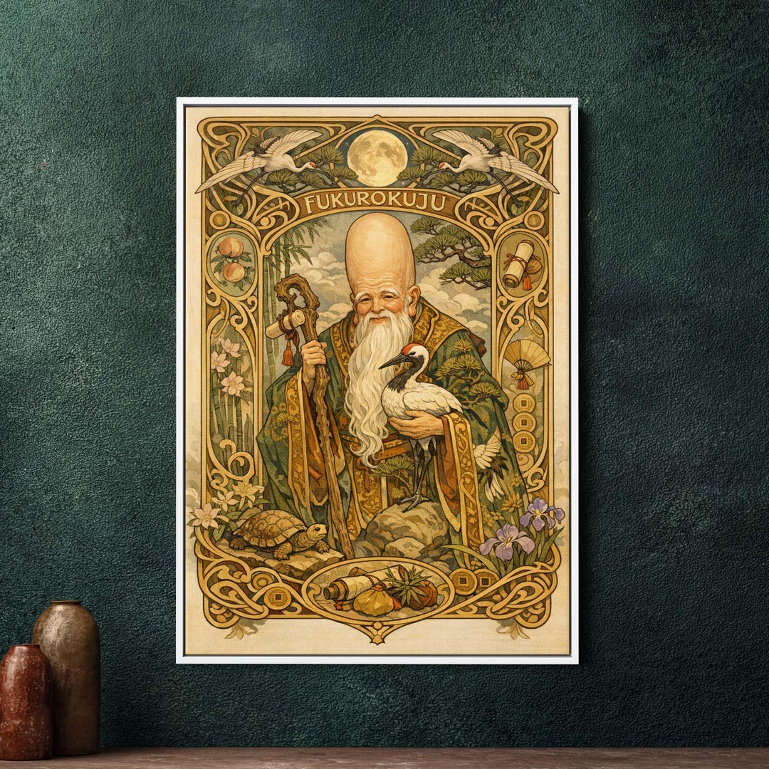 Art Nouveau Fukurokuju Japanese God Framed Canvas Wall Art, Large Art ...