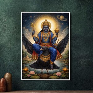 Könnte beinhalten: Gerahmter Digitaldruck, der eine Gottheit mit blauer Haut und goldenem Schmuck zeigt, die auf einem großen schwarzen Vogel sitzt. Der Hintergrund zeigt eine Himmelslandschaft mit hellem Licht, Planeten und einer ruhigen Landschaft.