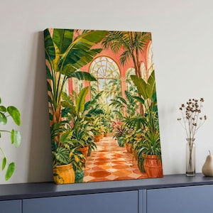 May include: A rectangular canvas print depicting a sunlit greenhouse interior with a checkered orange and white floor. Large green potted banana and palm plants line a central walkway leading toward arched glass windows with a warm peach-toned glow.