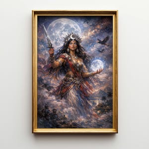 May include: A framed artwork depicts a woman in ornate attire, holding a glowing orb and a dagger, set against a celestial backdrop with a full moon. The artwork is framed in a gold-colored frame, adding a touch of elegance.