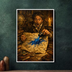 May include: A framed print depicts a man in a brown coat, startled as he spills blue ink onto a map. A globe, books, and a lit candle are in the background. The artwork has a vintage, historical theme.