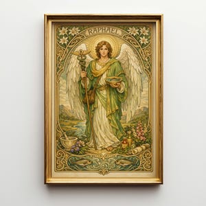 Könnte beinhalten: Ein gerahmter Kunstdruck mit dem Engel Raphael, dargestellt mit Flügeln, einem Stab und einem Heiligenschein. Das Kunstwerk hat einen Vintage-Stil mit einem goldenen Rahmen und einem detaillierten Rand mit Blumen- und Fischmotiven. Der Engel trägt grüne und weiße Gewänder.