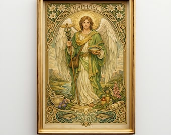Archangel Raphael Canvas Wall Art, Art Nouveau Religious Decor, Large Art Nouveau Angel Print, Spiritual Gift Y14MC
