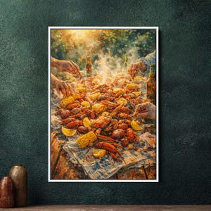 Seafood Boil Framed Canvas Wall Art, Steamy Shellfish Feast Print, Large Kitchen Decor, Rustic Dining Room Art, Foodie Celebration Gift