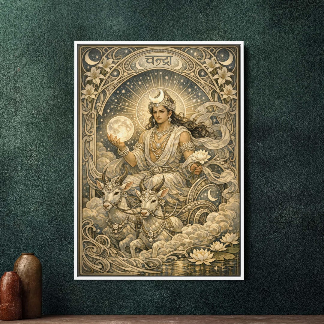 Chandra Moon God Art Nouveau Framed Canvas - Large Hindu Mythology Wall ...