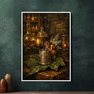 Dark Academia Pixie Painting Big Framed Canvas Wall Art, Whimsical Fairy Alchemist Lab Decor, Moody Gothic Oil Style Large Fantasy Decor