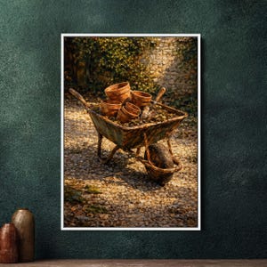 May include: A rustic wheelbarrow filled with terracotta pots and gardening tools. The wheelbarrow is weathered with a rusty appearance, suggesting age and use. The scene is set outdoors, with a backdrop of a stone wall and lush greenery, evoking a sense of a garden.