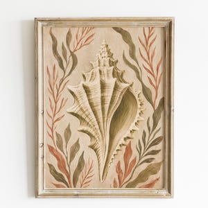 Könnte beinhalten: Ein gerahmter, rechteckiger Wandkunstdruck mit einer zentralen Illustration einer großen, detaillierten Muschel in Beige- und Brauntönen, umgeben von stilisierten Algenmustern in gedämpftem Olivgrün und Terrakotta-Orange auf beigem Hintergrund.