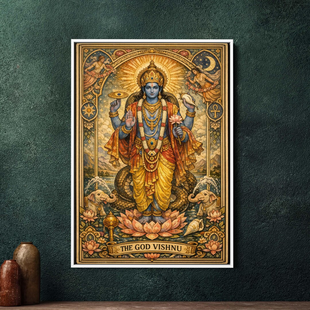 Lord Vishnu Tarot Card Wall Art - Large Framed Canvas Print, Hindu God ...