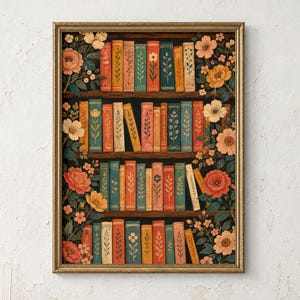 May include: A framed rectangular wall art print featuring four wooden shelves filled with colorful books. Each book spine is decorated with botanical illustrations of flowers and leaves. Lush floral vines with orange, pink, and yellow blossoms frame the shelves.