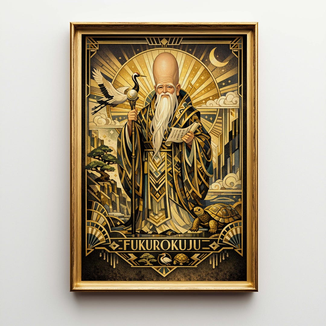 Art Deco Fukurokuju Canvas Wall Art, Large Japanese God Print ...