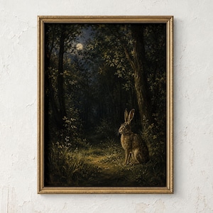 Könnte beinhalten: Ein gerahmter Wandkunstdruck, der einen braunen Hasen zeigt, der nachts in einem dunklen, dichten Wald sitzt. Die Szene zeigt hohe Bäume, üppiges grünes Laub und einen hellen Vollmond, der durch das Blätterdach sichtbar ist, alles in einem goldenen Rahmen.