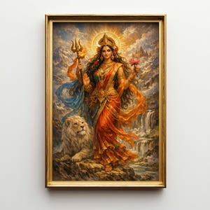 May include: A framed painting depicting a divine figure in a red and gold sari, holding a trident and lotus flower. A lion rests at her feet, with a backdrop of mountains, waterfalls, and a radiant sun. The artwork is framed in a gold-colored frame.