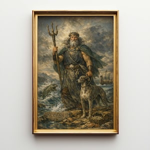 May include: A framed painting depicting a bearded figure in regal attire, holding a trident and accompanied by a dog. The artwork features a seascape with a ship and a sea creature. The painting is in a gold frame, with the word "NODENS" at the bottom.