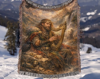 Bragi Norse God Woven Blanket | Viking Mythology Throw Blanket | Colorful Fantasy Couch Throw | Cozy Pagan Gift | Bedroom Decor
