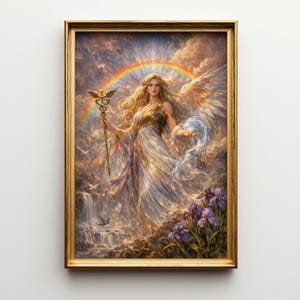 May include: A framed art print featuring a celestial figure with golden hair and wings, holding a staff with a serpent design. A rainbow arches above, with a waterfall and purple flowers in the foreground. The artwork is set in a gold frame.